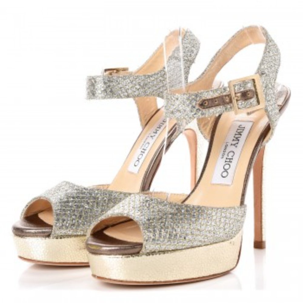JIMMY CHOO LINDA SHOE Metallic Champagne Glitter Fabric Platform Stiletto Sandal